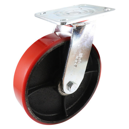 200mm Swivel Plate Castor - Urethane on Cast Iron Wheel Red J3