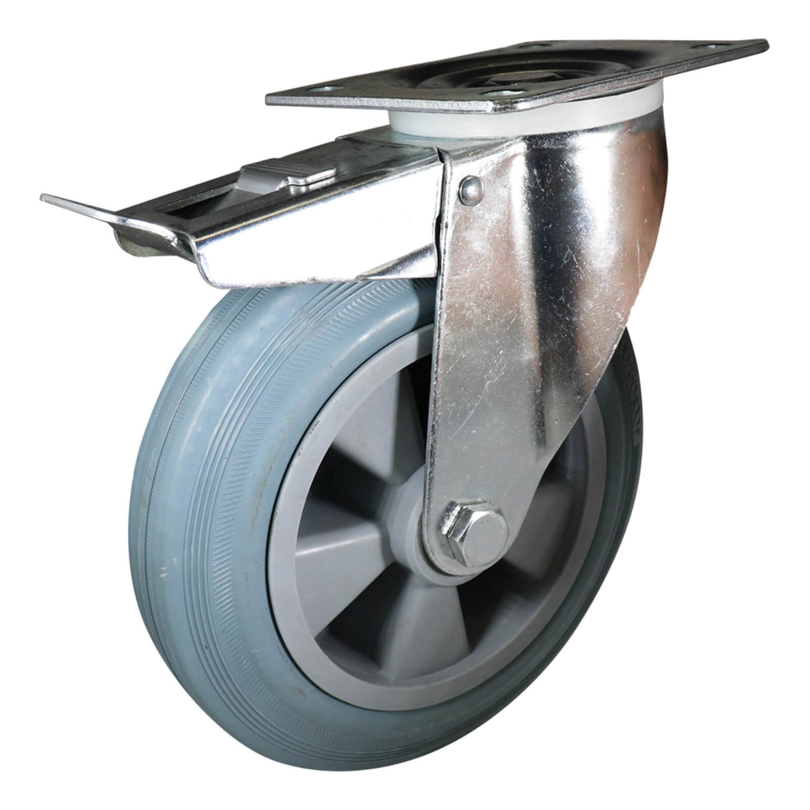 200mm Swivel Plate Castor with Brake - Rubber Wheel Grey I4