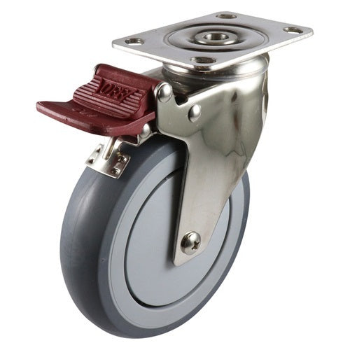 75mm Stainless Swivel Plate Castor with Brake - Rubber Wheel Grey G7