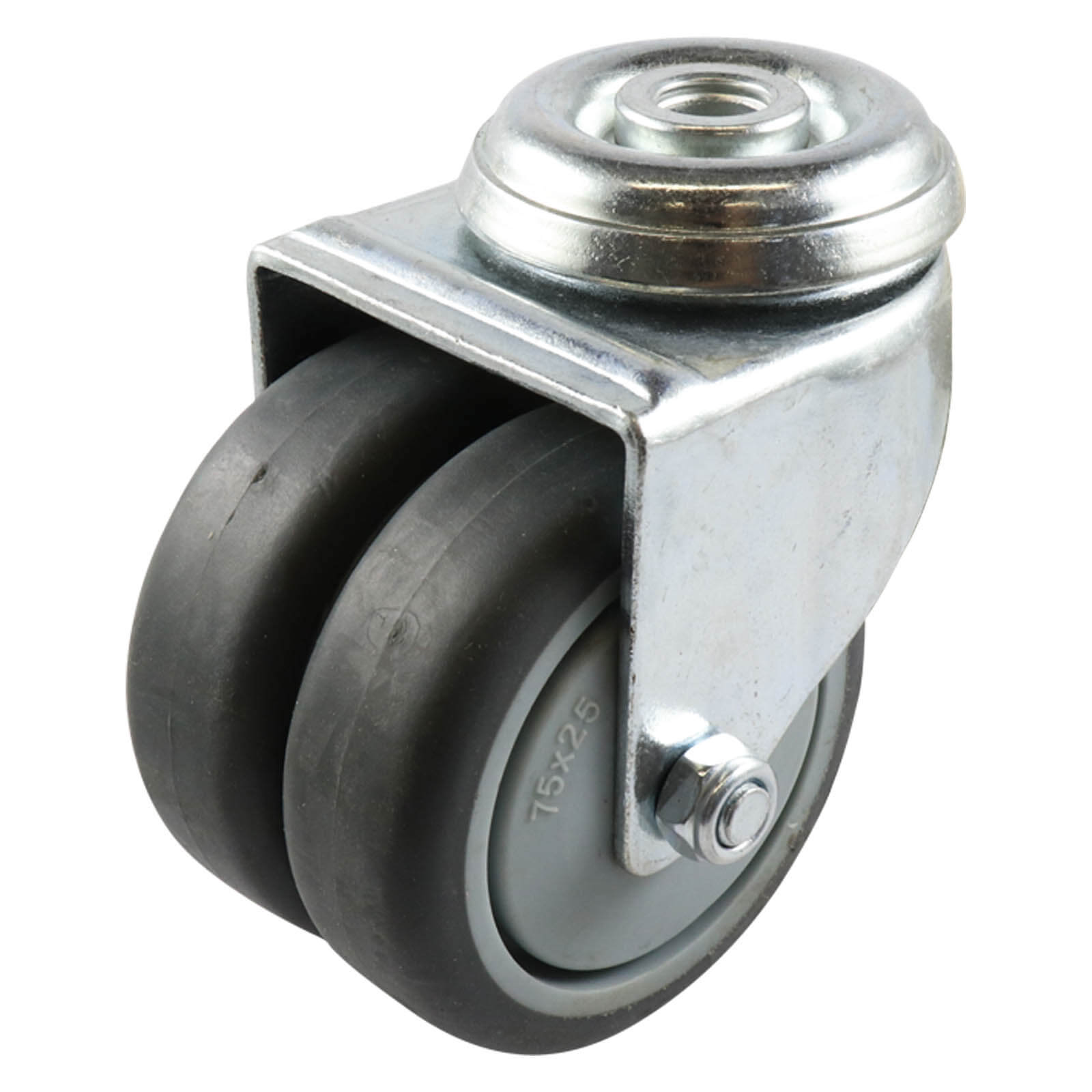 75mm Swivel Bolt Hole Castor - Rubber Twin Wheel Grey G2
