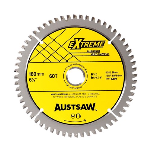 Austsaw Aluminium Triple Chip Circular Saw Blade, yellow Extreme Aluminium label marked 160mm 60T