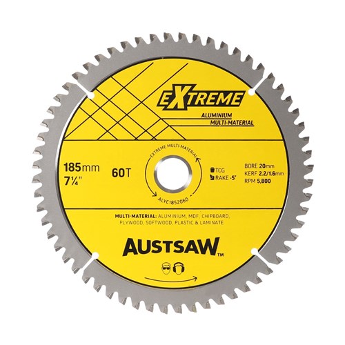 Austsaw Aluminium Triple Chip Circular Saw Blade, yellow Extreme Aluminium label marked 185mm 60T
