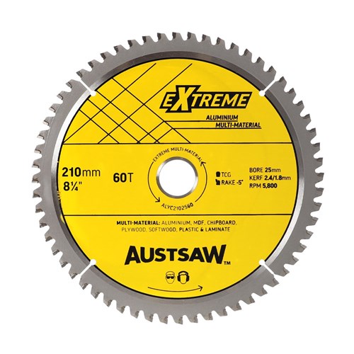 Austsaw Aluminium Triple Chip Circular Saw Blade, yellow Extreme Aluminium label marked 210mm 60T