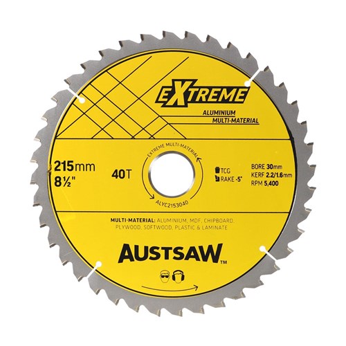 Austsaw Aluminium Triple Chip Circular Saw Blade, yellow Extreme Aluminium label marked 215mm 40T