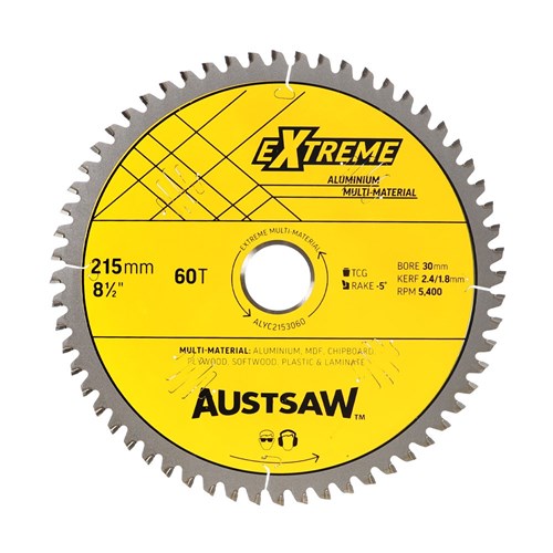 Austsaw Aluminium Triple Chip Circular Saw Blade, yellow Extreme Aluminium label marked 215mm 60T