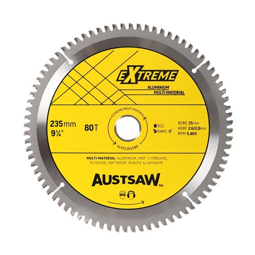 Austsaw Aluminium Triple Chip Circular Saw Blade, yellow Extreme Aluminium label marked 235mm 80T
