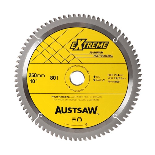Austsaw Aluminium Triple Chip Circular Saw Blade, yellow Extreme Aluminium label marked 250mm 80T