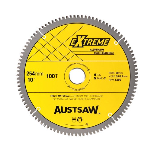 Austsaw Aluminium Triple Chip Circular Saw Blade, yellow Extreme Aluminium label marked 254mm 100T