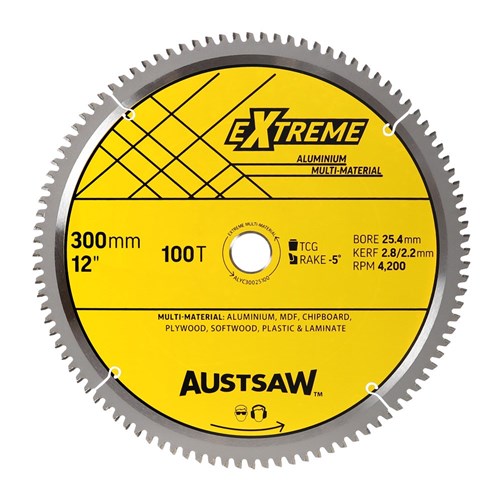 Austsaw Aluminium Triple Chip Circular Saw Blade, yellow Extreme Aluminium label marked 300mm 100T