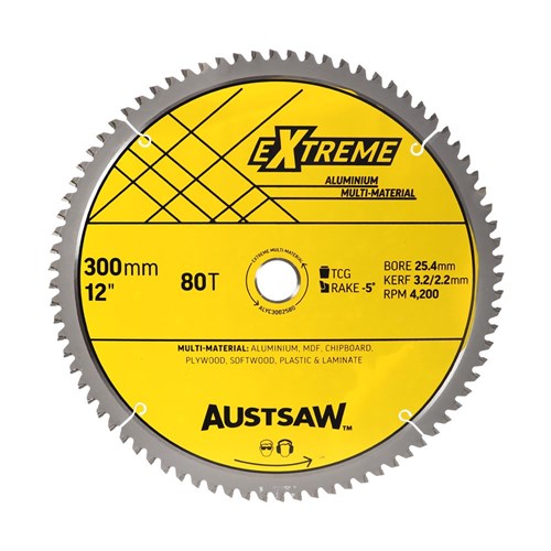 Austsaw Aluminium Triple Chip Circular Saw Blade, yellow Extreme Aluminium label marked 300mm 80T
