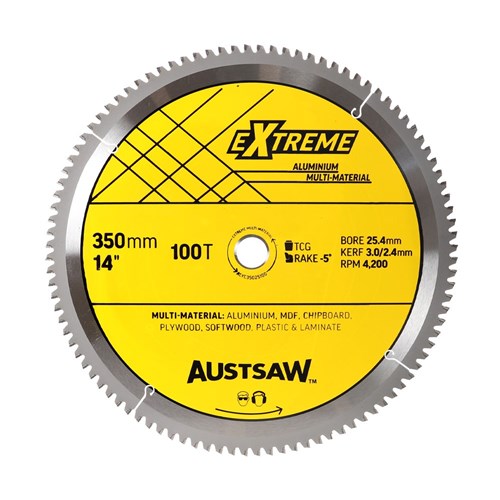 Austsaw Aluminium Triple Chip Circular Saw Blade, yellow Extreme Aluminium label marked 350mm 100T