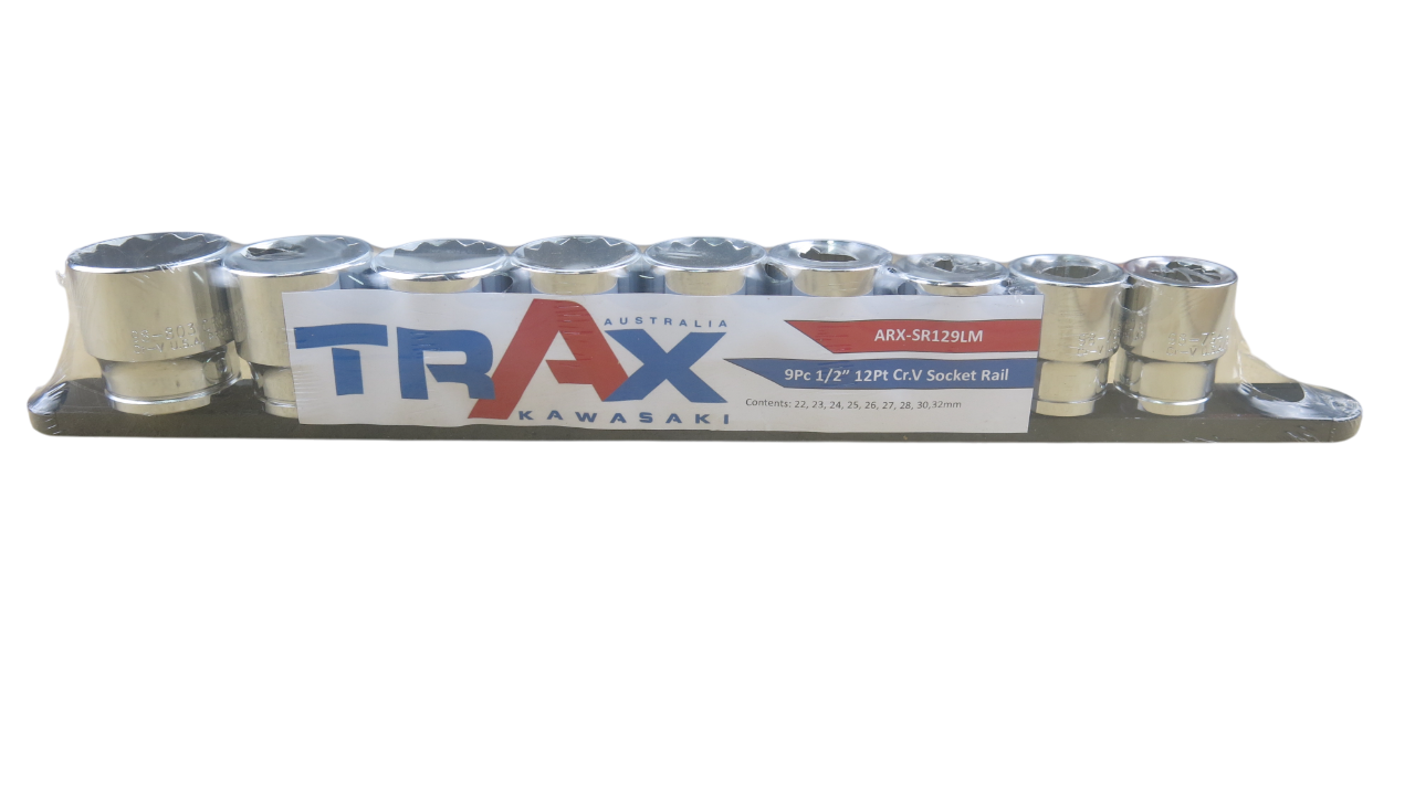 Trax 1/2"Dr 12Pt Large Metric Socket Rail, 9 pieces - ARX-SR129LM