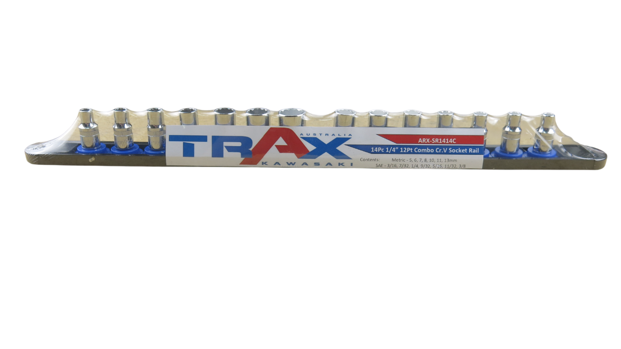 Trax 1/4"Dr Short 12Pt Cr.V MM/SAE Combo Rail, 14 pieces - ARX-SR1414C