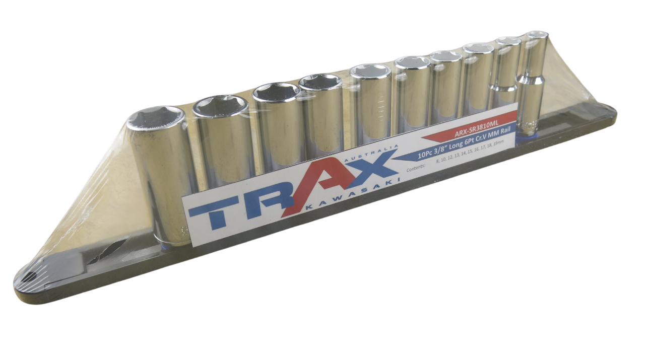 Trax 3/8"Dr 6Pt Deep Cr.V Metric Socket Rail, 10 pieces - ARX-SR3810ML