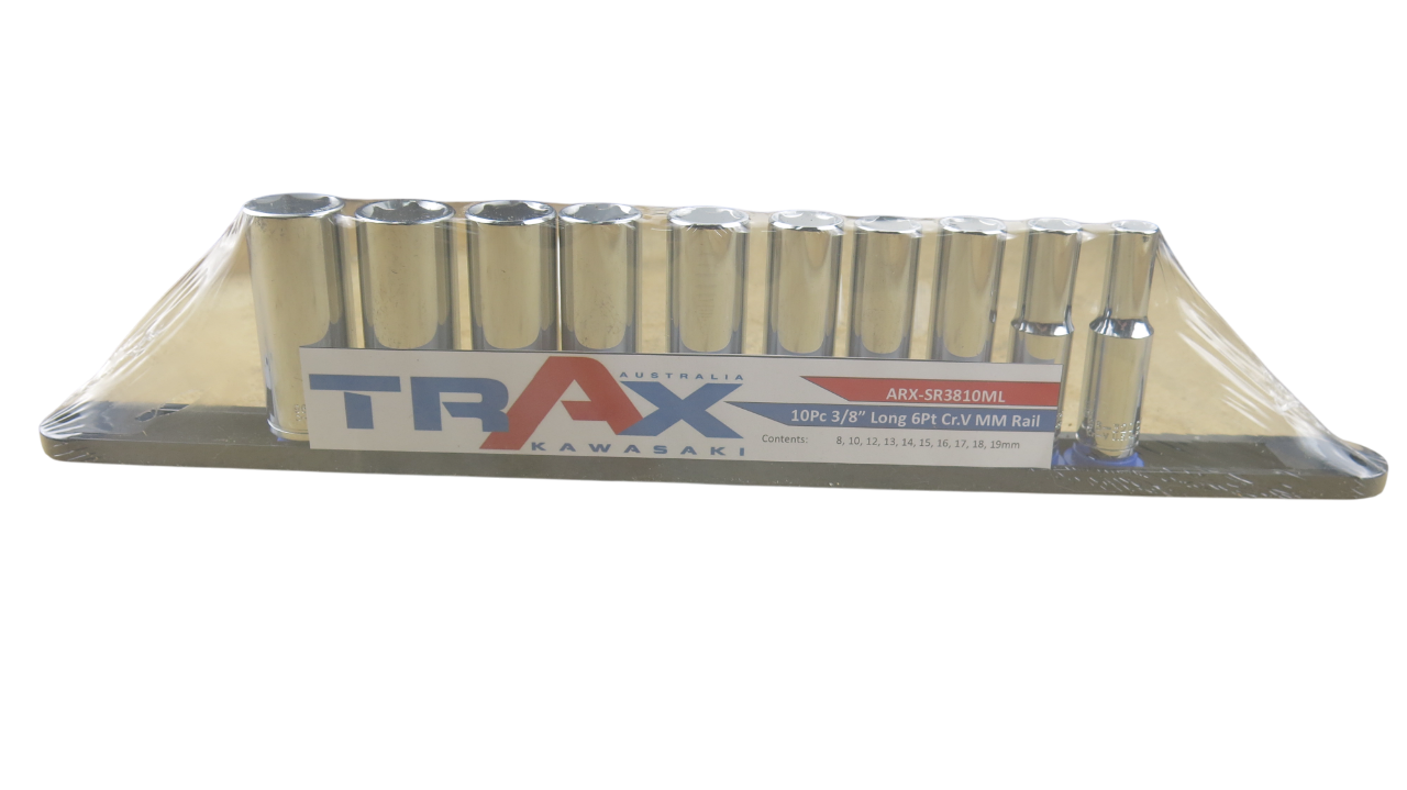 Trax 3/8"Dr 6Pt Deep Cr.V Metric Socket Rail, 10 pieces - ARX-SR3810ML