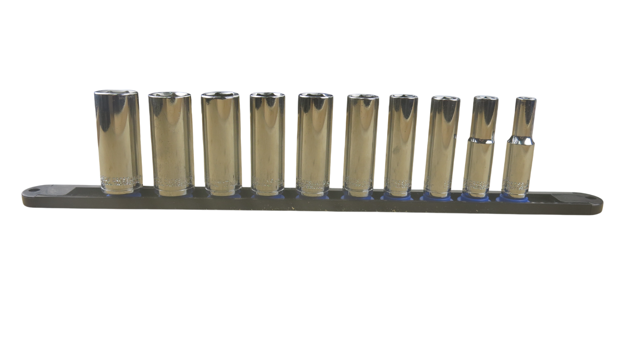 Trax 3/8"Dr 6Pt Deep Cr.V Metric Socket Rail, 10 pieces - ARX-SR3810ML