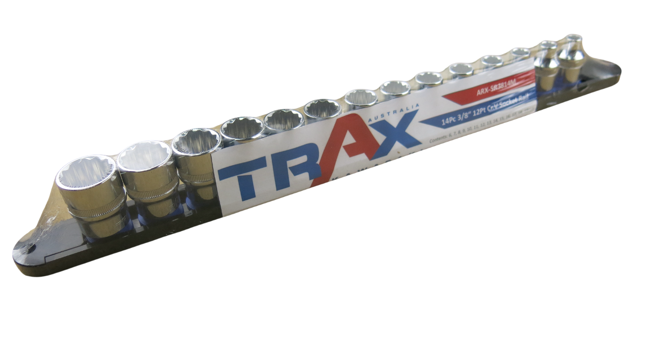 Trax 3/8"Dr 12Pt Cr.V Metric Socket Rail, 14 pieces - ARX-SR3814M