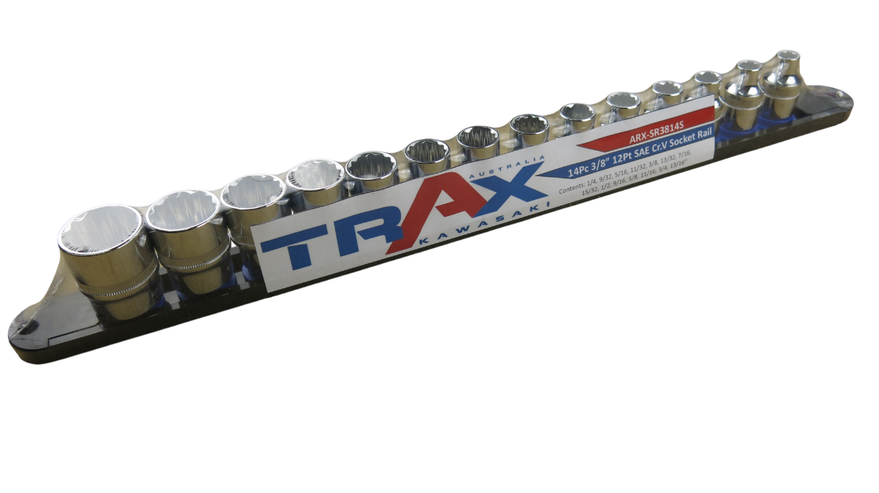 Trax 3/8"Dr 12Pt Cr.V SAE Socket Rail, 14 pieces - ARX-SR3814S