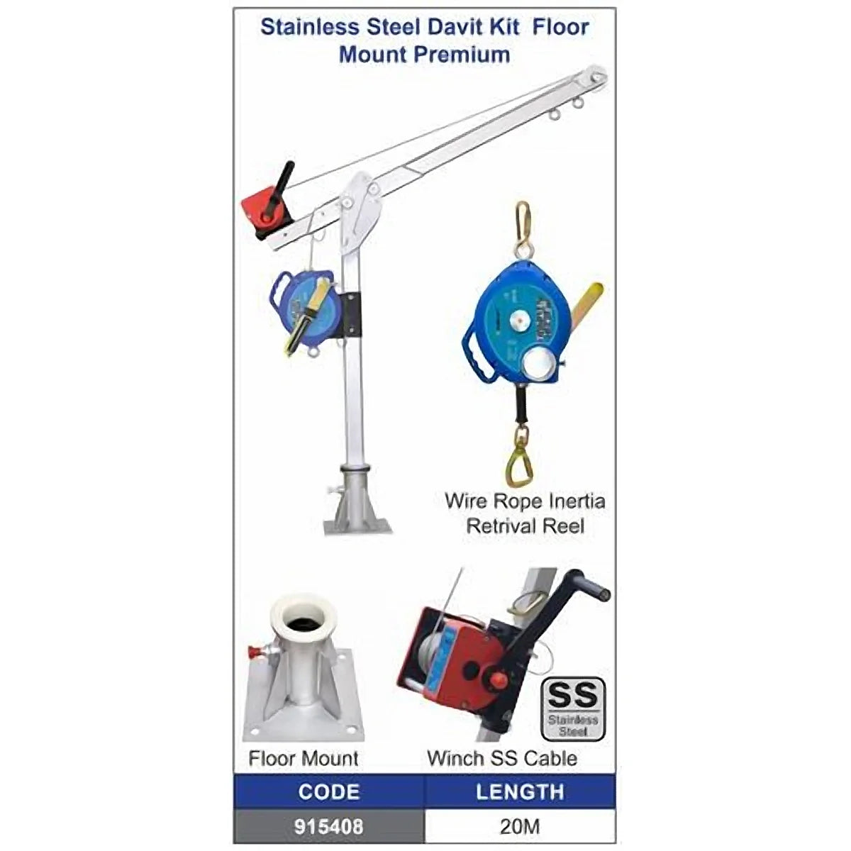 Austlift stainless steel davit kit, floor mount, premium package