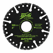 Austsaw Demo Raptor Demolition and Rescue Diamond Blade, black blade with green lettering and slotted rim, marked 100mm 4"