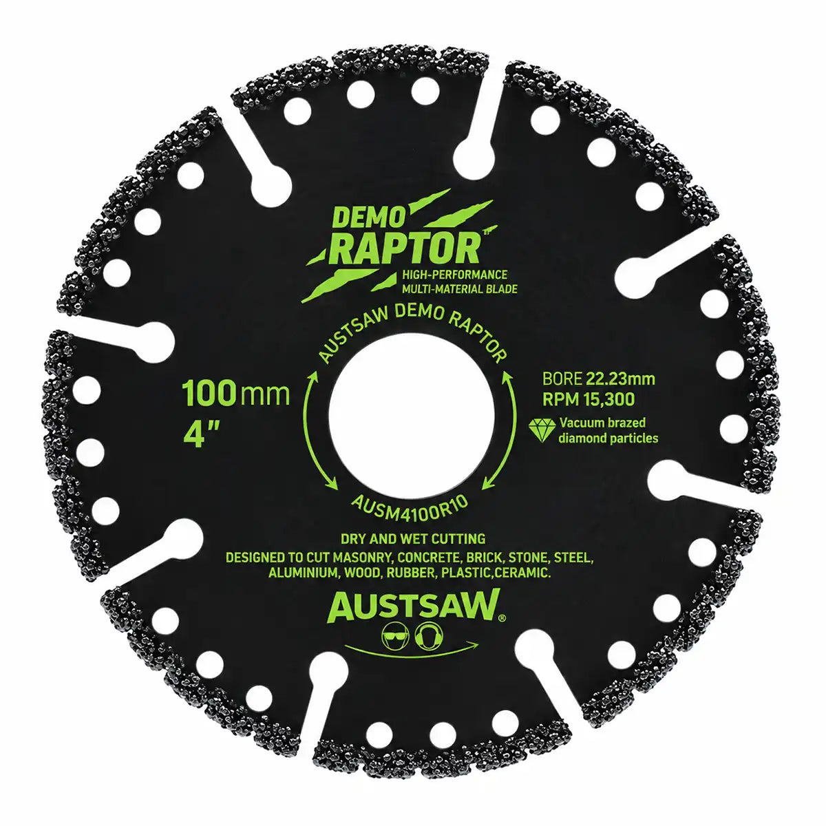 Austsaw Demo Raptor Demolition and Rescue Diamond Blade, black blade with green lettering and slotted rim, marked 100mm 4"