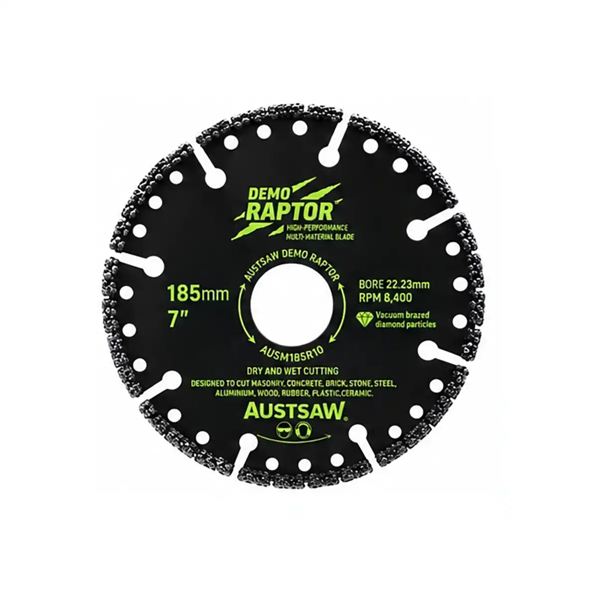 Austsaw Demo Raptor Demolition and Rescue Diamond Blade, black blade with green lettering and slotted rim, marked 185mm 7"