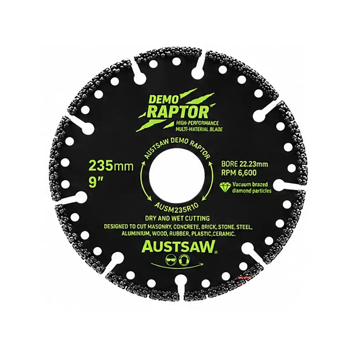 Austsaw Demo Raptor Demolition and Rescue Diamond Blade, black blade with green lettering and slotted rim, marked 235mm 9"