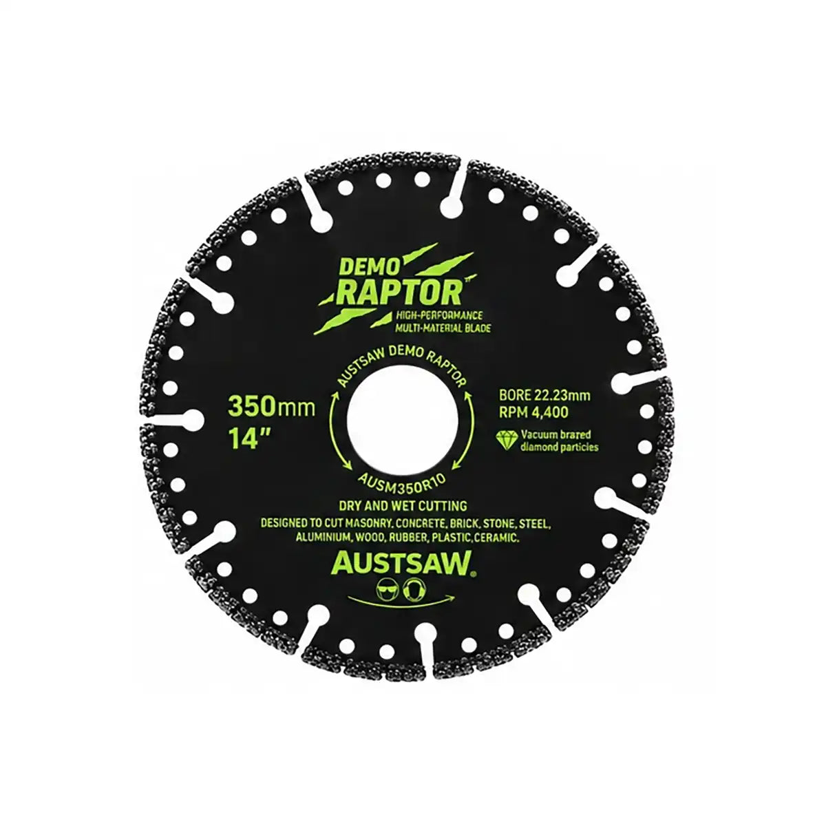 Austsaw Demo Raptor Demolition and Rescue Diamond Blade, black blade with green lettering and slotted rim, marked 350mm 14"