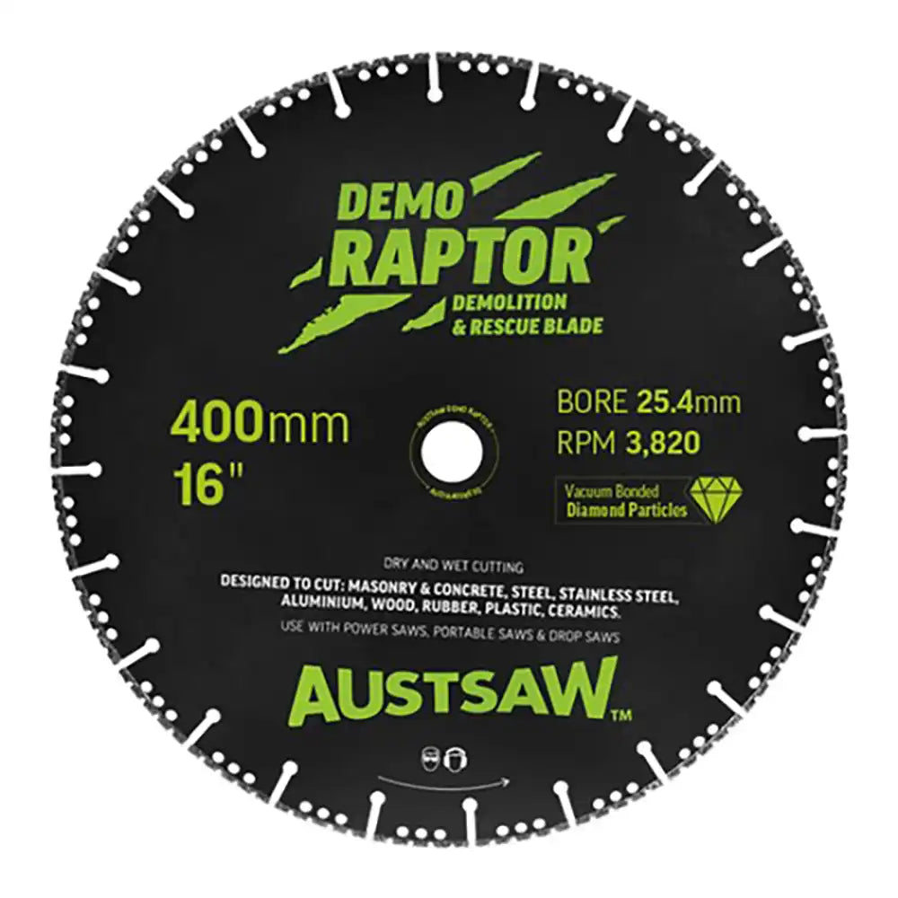 Austsaw Demo Raptor Demolition and Rescue Diamond Blade, black blade with green lettering and slotted rim, marked 400mm 16"