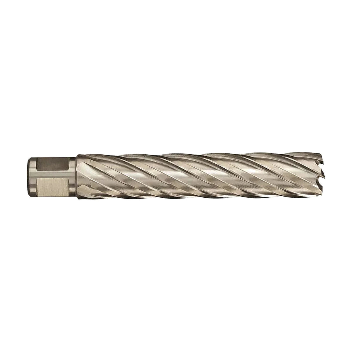 Euroboor long annular cutter, TiAlN coated, 38 x 100mm, gold-toned spiral flutes with a flat Weldon shank on the left