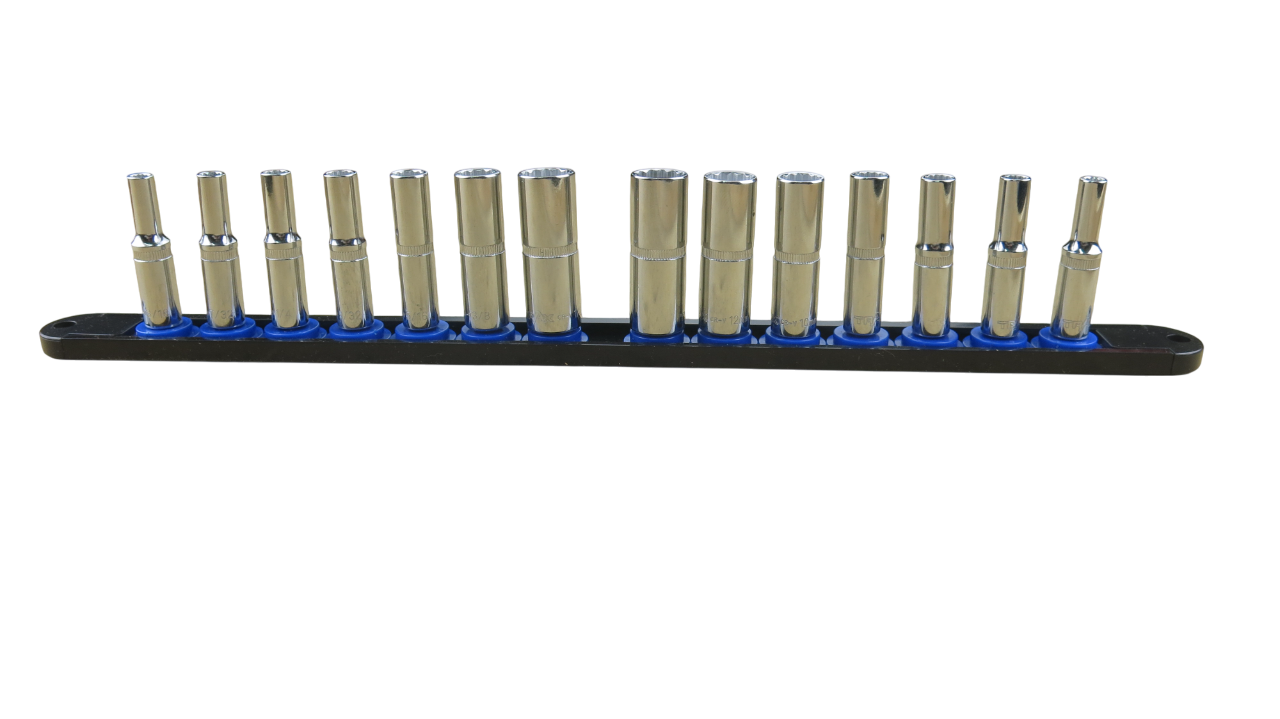 Trax 1/4"Dr Deep 12Pt Cr.V MM/SAE Combo Rail, 14 pieces - ARX-SR1414CL