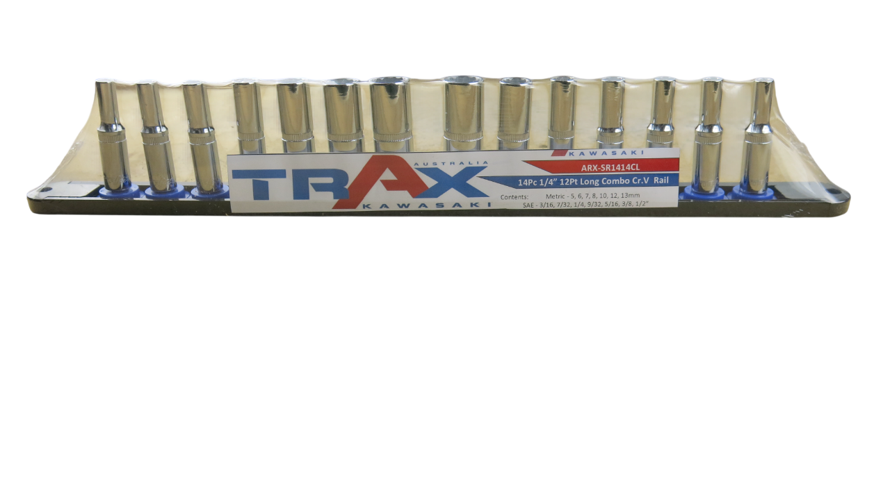 Trax 1/4"Dr Deep 12Pt Cr.V MM/SAE Combo Rail, 14 pieces - ARX-SR1414CL