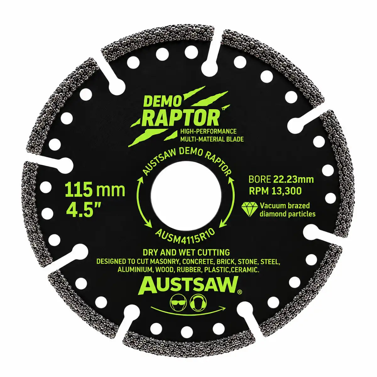 Austsaw Demo Raptor Demolition and Rescue Diamond Blade, black blade with green lettering and slotted rim, marked 115mm 4.5"