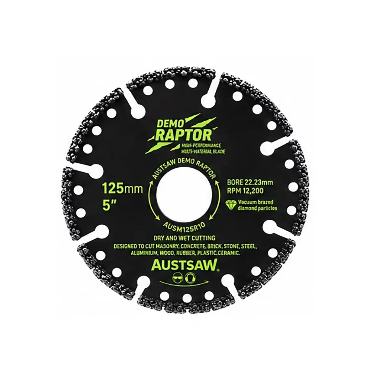 Austsaw Demo Raptor Demolition and Rescue Diamond Blade, black blade with green lettering and slotted rim, marked 125mm 5"