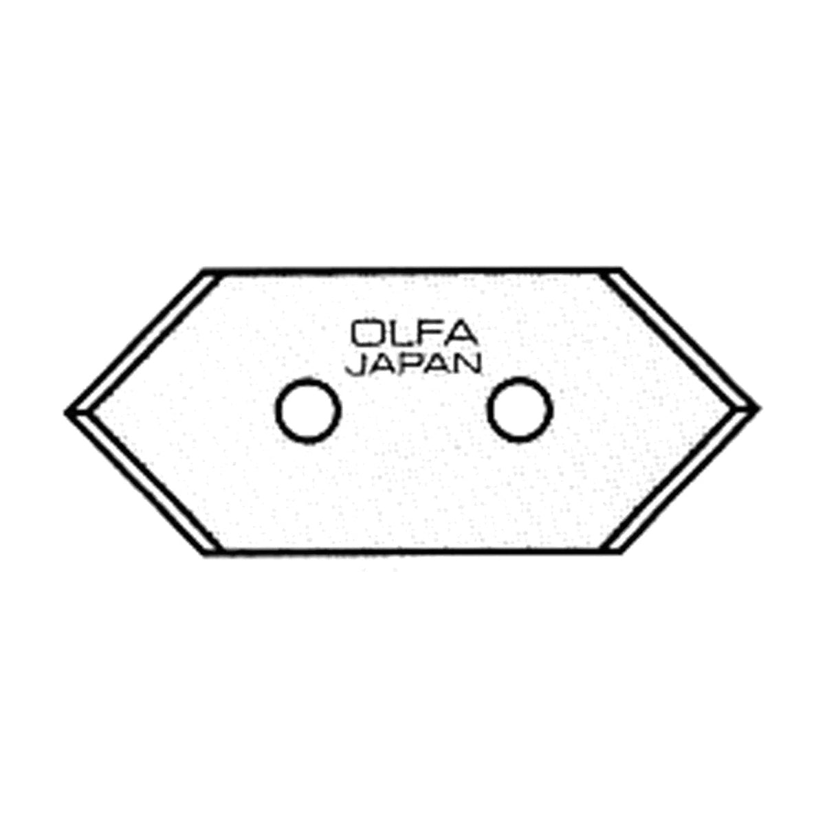 Line drawing of an Olfa MCB-1 mat cutter blade with two holes and OLFA JAPAN printed on it