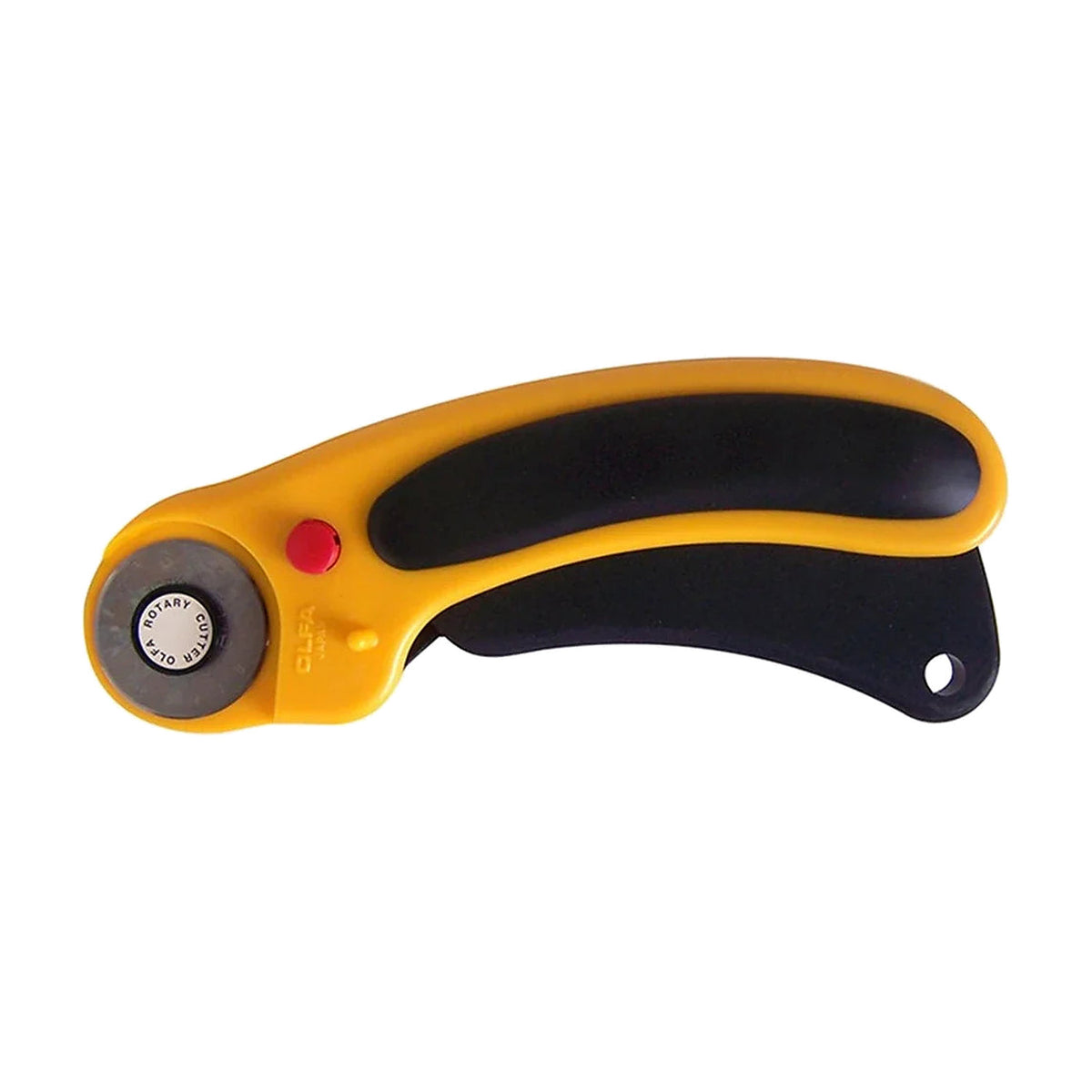 Olfa RTY-1/DX 28mm deluxe rotary cutter, yellow head with a curved black grip and red release button