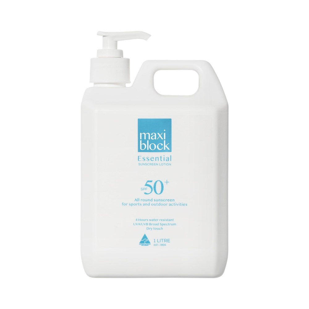 Maxiblock SPF50+ broad spectrum sunscreen, 1L pump bottle and 200mL