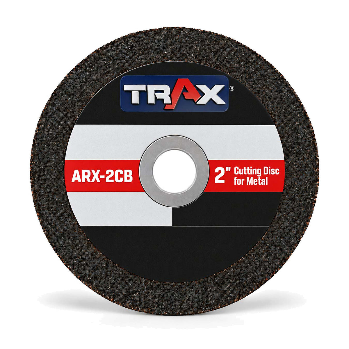 Trax cutting disc with a black abrasive rim and label reading ARX-2CB, 2" cutting disc for metal