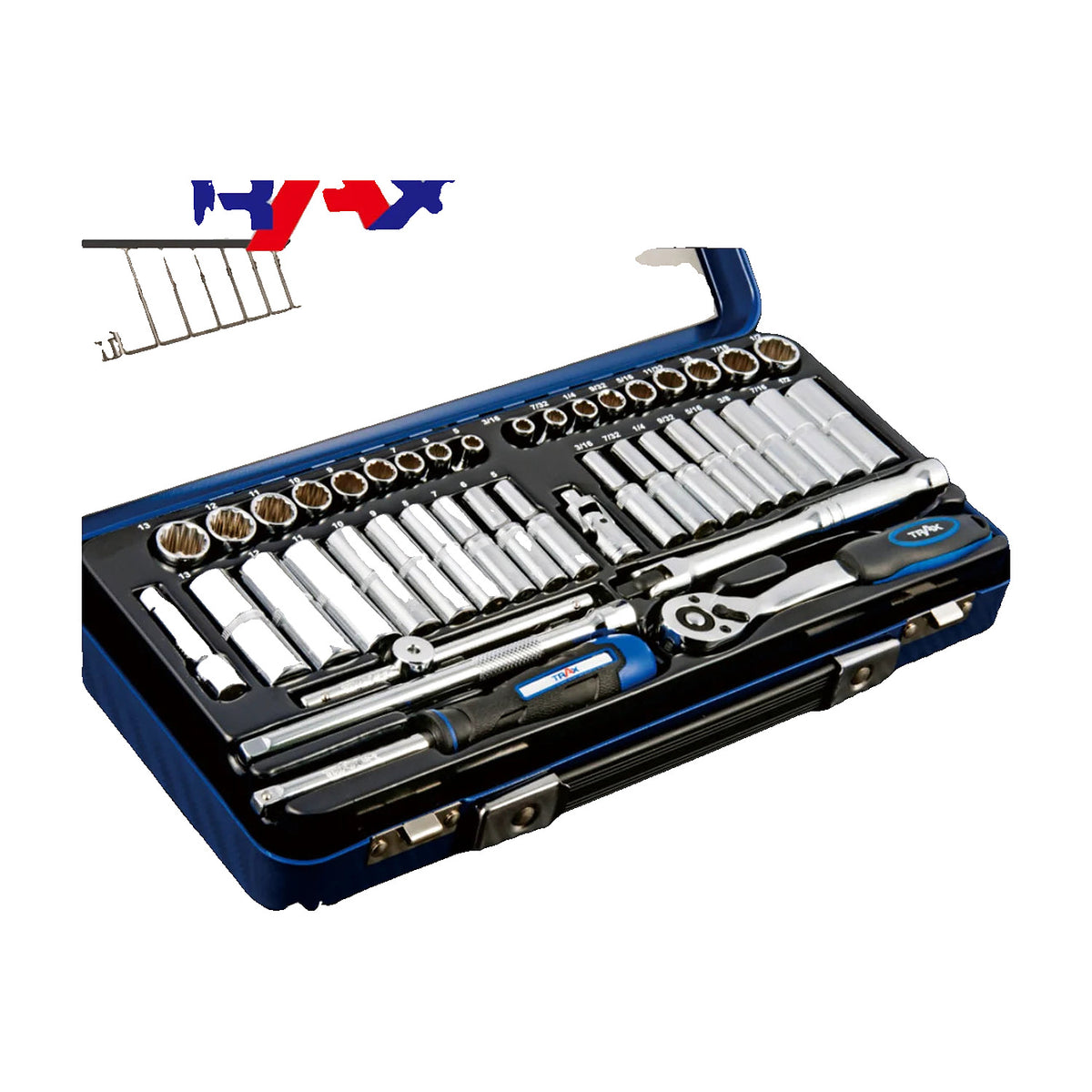 Trax ARX-14042 1/4" drive socket set in its black tray, showing short and deep sockets, ratchet and spinner handle