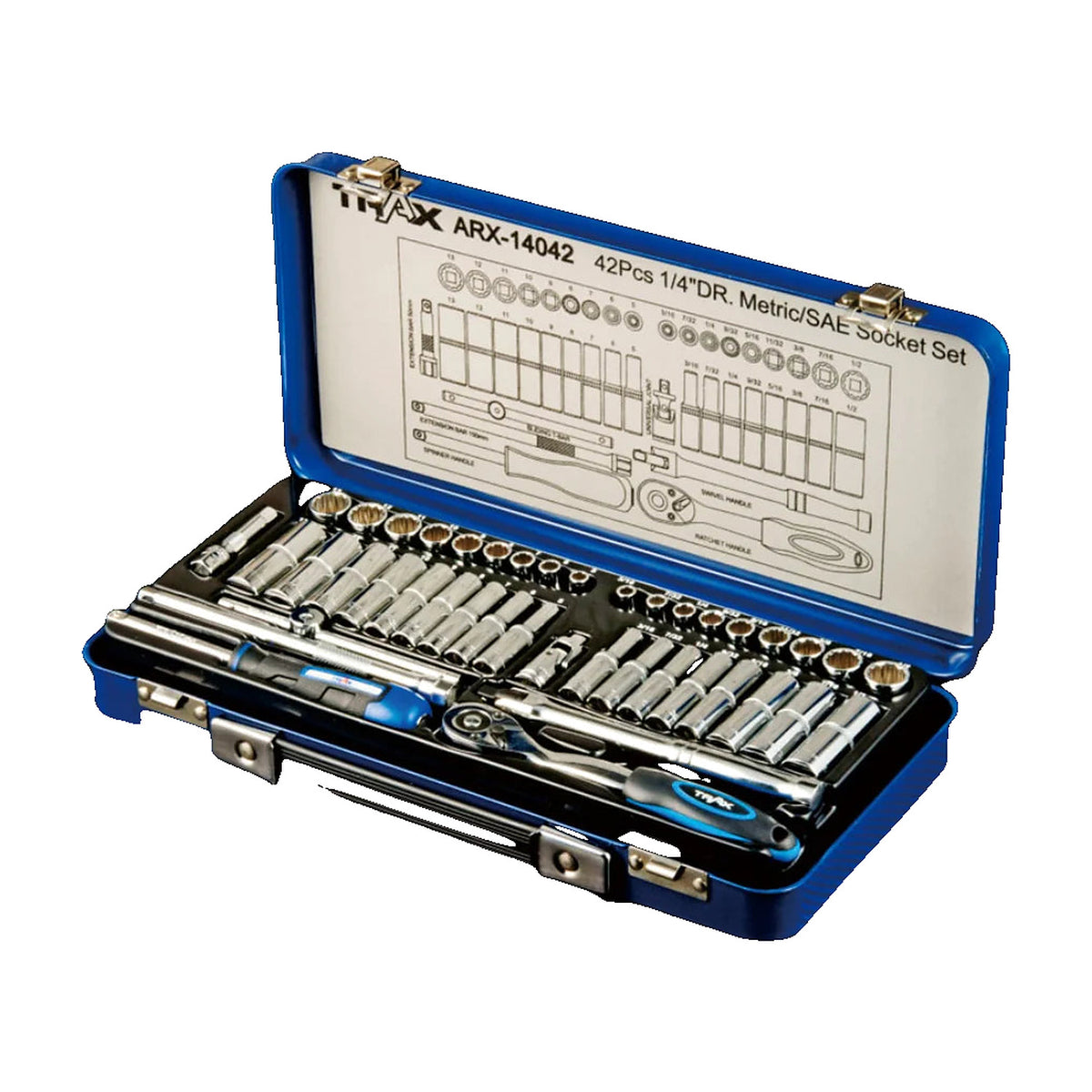 Trax ARX-14042 socket set in its blue case, viewed from a different angle with the printed socket layout on the lid