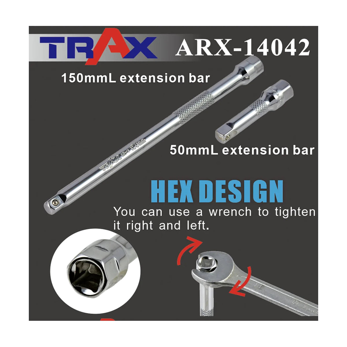 Trax ARX-14042 graphic showing the 150mm and 50mm extension bars and the hex design socket on a bolt