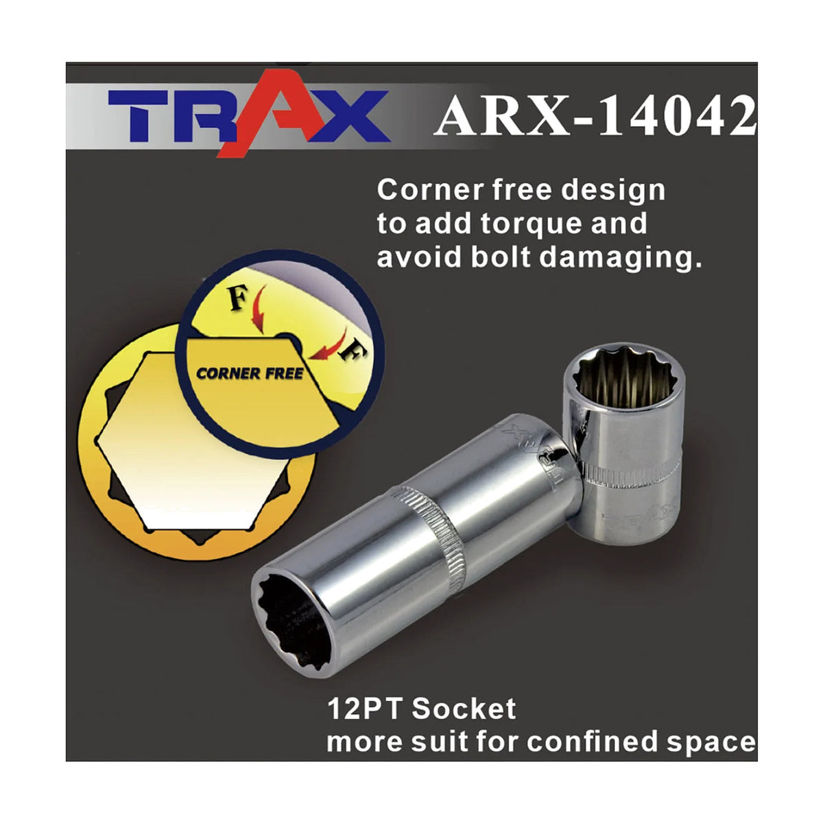 Trax ARX-14042 graphic of the corner-free 12-point socket design for confined spaces