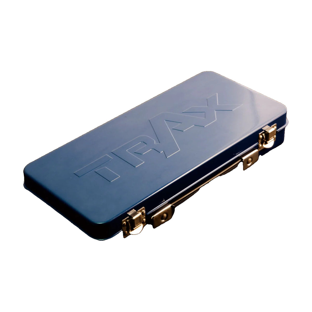 Closed blue metal case lid with Trax logo for the ARX-14042 1/4" drive socket set, on white background