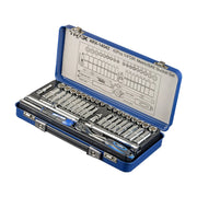 Trax ARX-14042 1/4" drive metric/SAE socket set open in a blue metal case, with ratchet and sockets in the tray