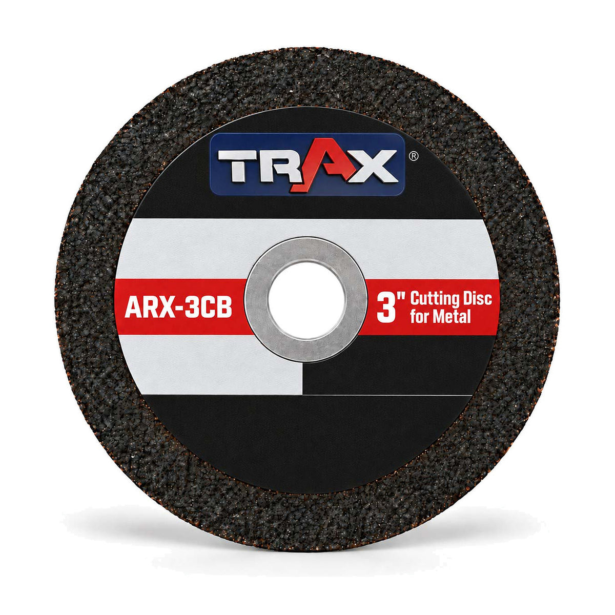 Trax cutting disc with a black abrasive rim and label reading ARX-3CB, 3" cutting disc for metal