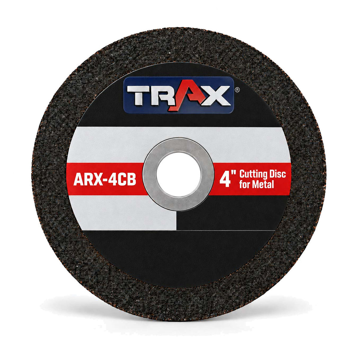 Trax cutting disc with a black abrasive rim and label reading ARX-4CB, 4" cutting disc for metal