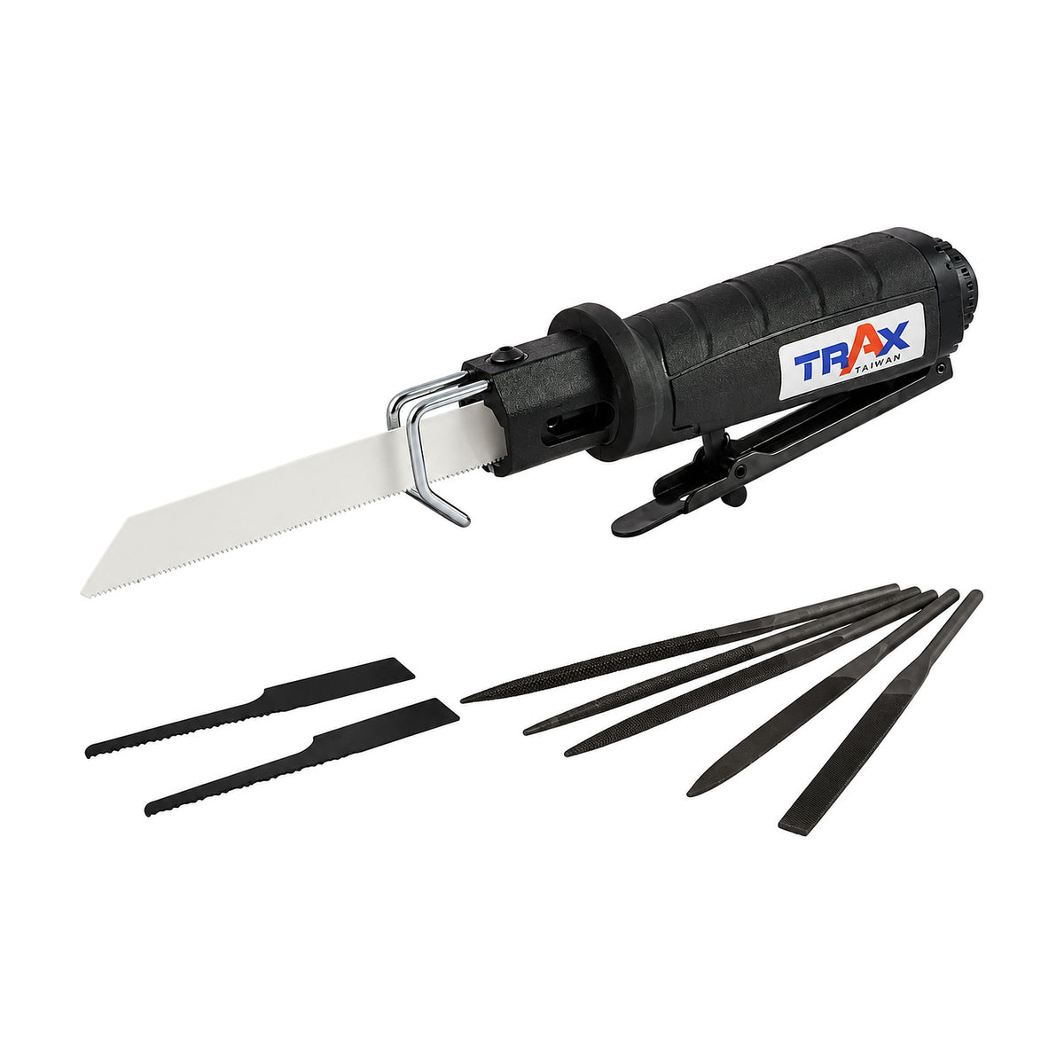 Trax ARX-6072 low vibration air body saw with black grip, bi-metal blade, spare blades and files laid out below