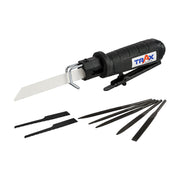 Trax ARX-6072 low vibration air body saw with black grip, bi-metal blade, spare blades and files laid out below