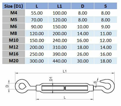 Hook-Eye Open Body Turnbuckle With Lock Nuts - 316 Stainless Steel