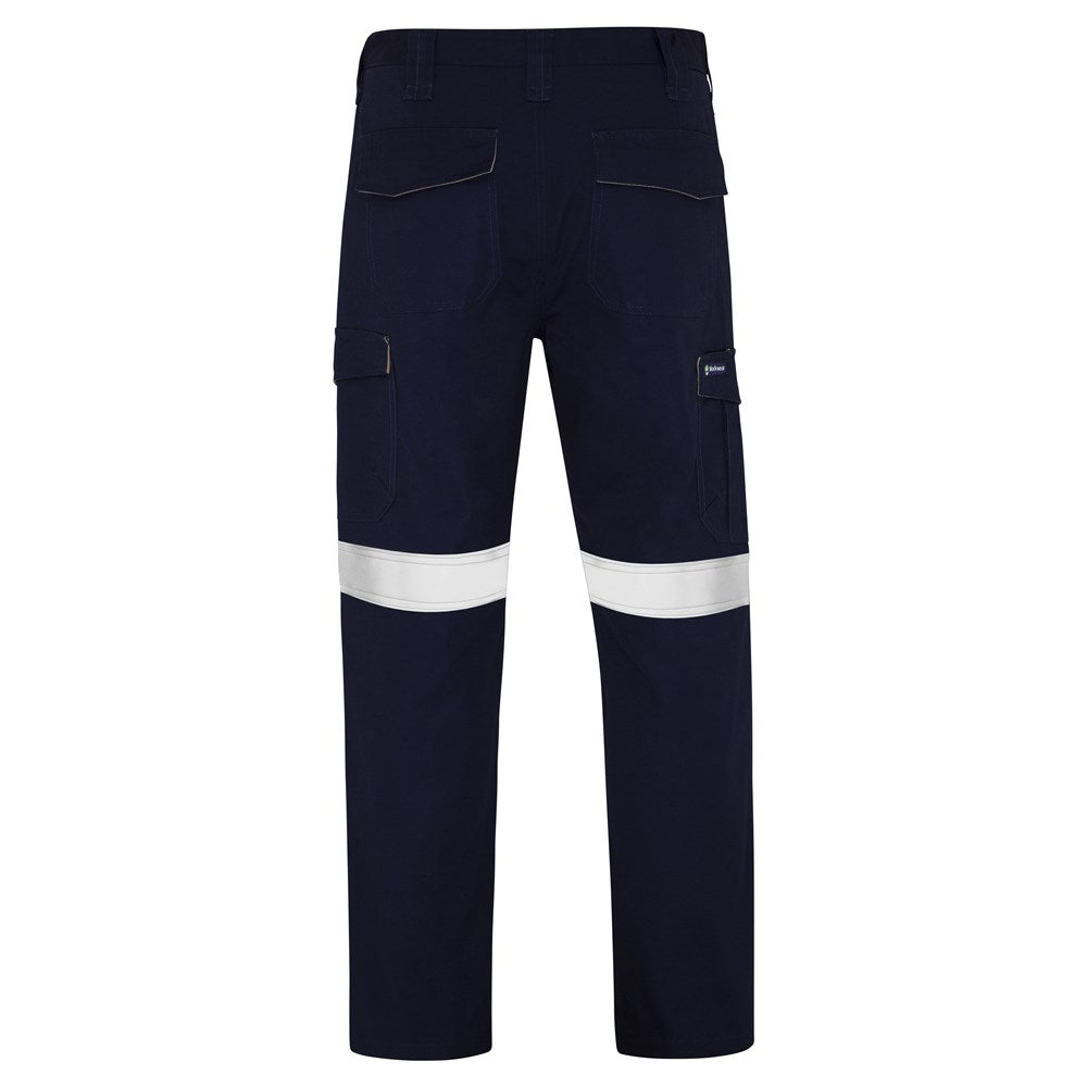 Navy work pants with reflective stripes on a white background